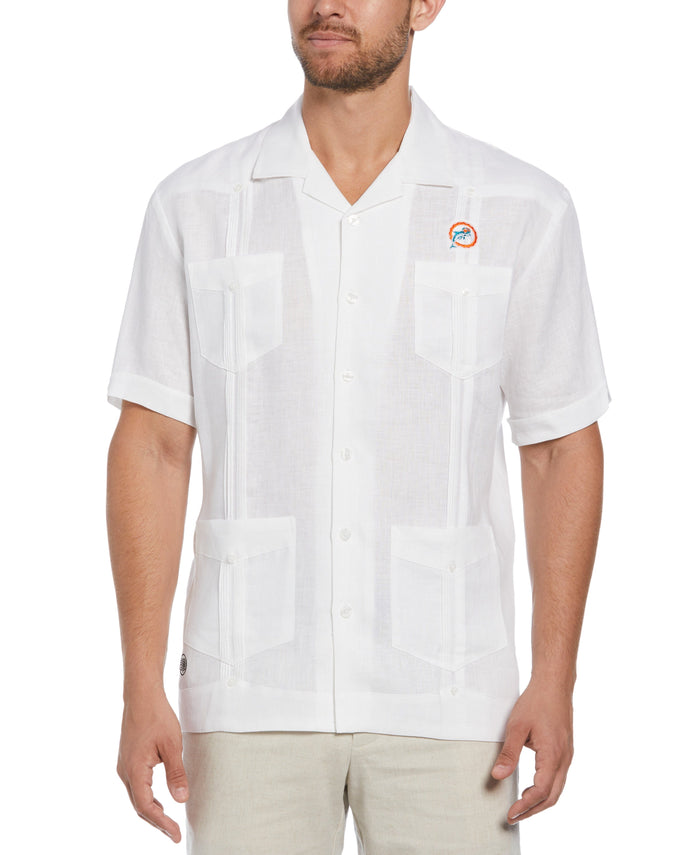 cubavera Big & Tall Miami Dolphins Throwback Logo Linen Short Sleeve 4 Pocket Guayabera Bright White