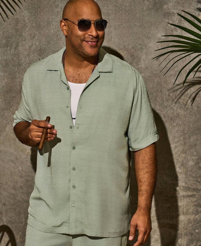 Cubavera Big & Tall Solid Textured Cuban Collar Shirt Blue Surf