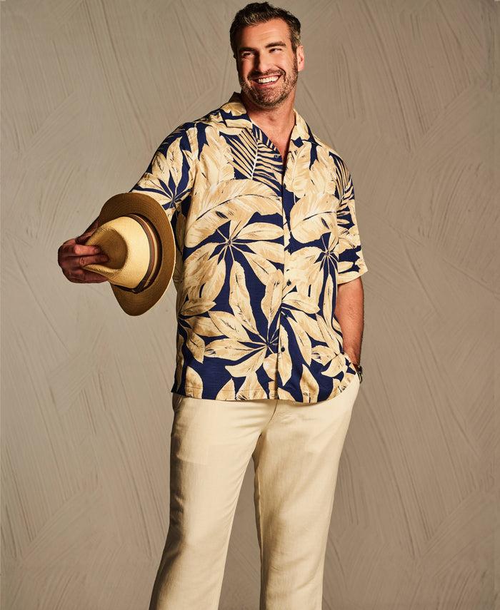 Cubavera Big & Tall Textured Large Scale Palm Print Shirt Blueprint