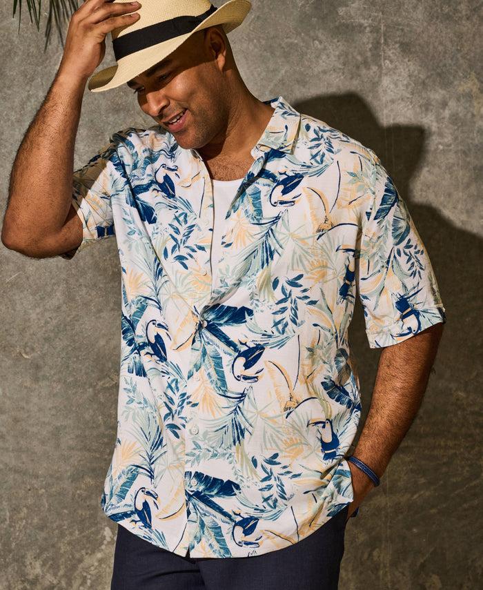 Cubavera Big &Tall Toucan Print Shirt Brilliant White