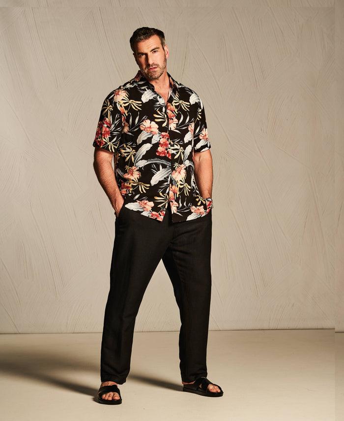 Cubavera Big & Tall Tropical Floral Print Shirt Jet Black