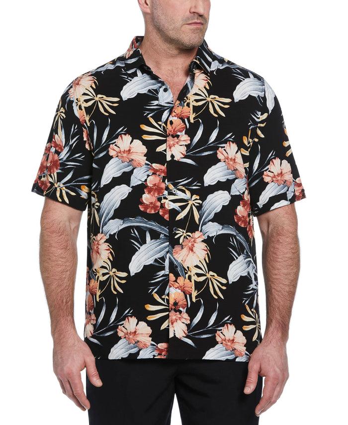 cubavera Big & Tall Tropical Floral Print Shirt Jet Black