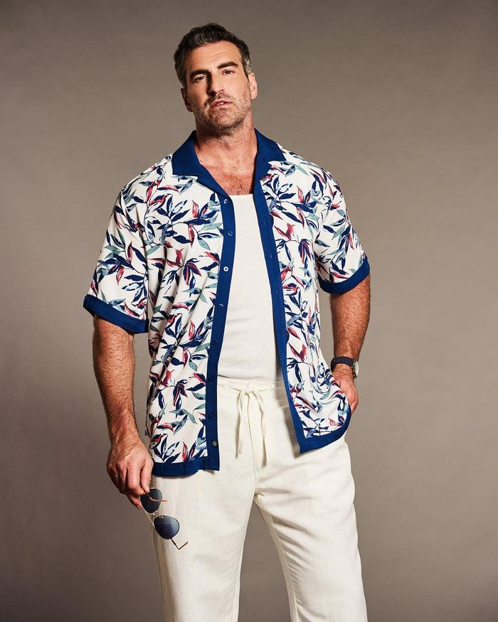 Cubavera Big & Tall Watercolor Leaf Print Textured Shirt Brilliant White