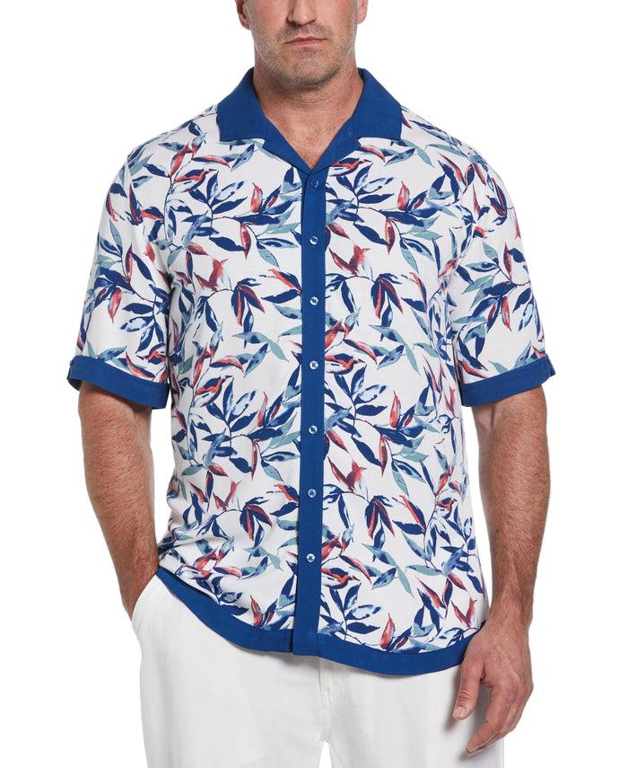 cubavera Big & Tall Watercolor Leaf Print Textured Shirt Brilliant White