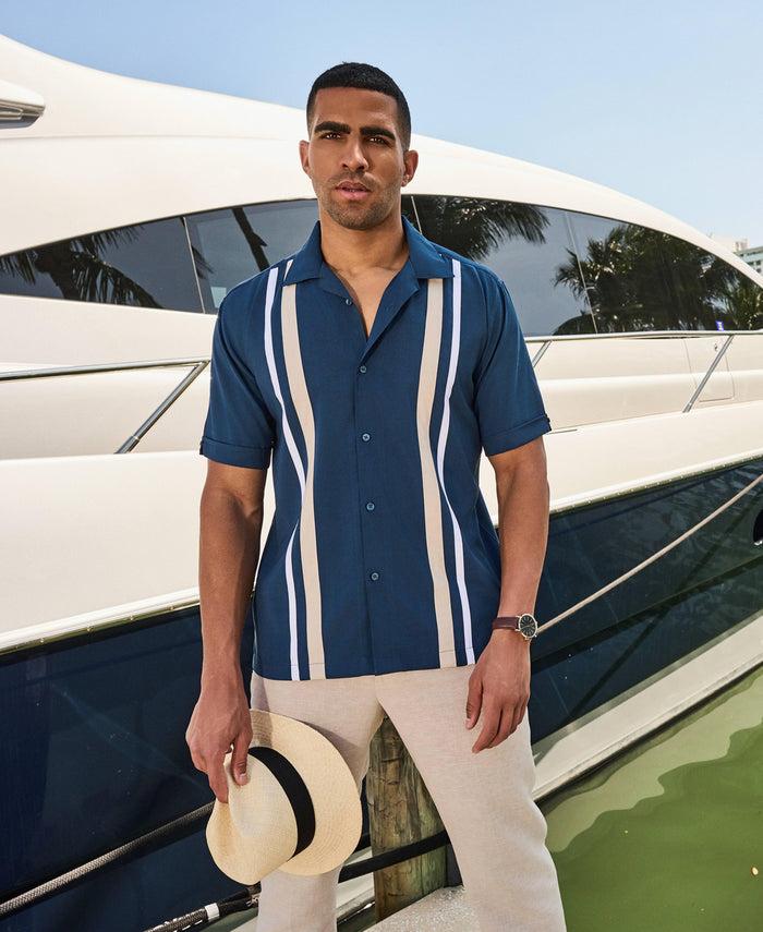 Cubavera Camp Collar Retro Panel Shirt Insignia Blue