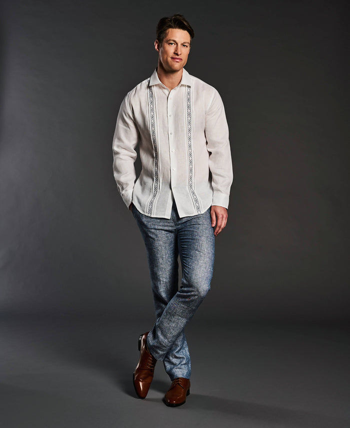 Cubavera Cross Dye Linen Pintuck Embroidered Panel Shirt Brilliant W/Ensign Bl