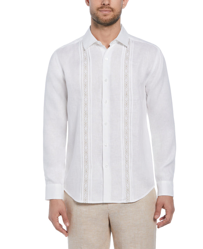 cubavera Cross Dye Linen Pintuck Embroidered Panel Shirt Brilliant White/Incense
