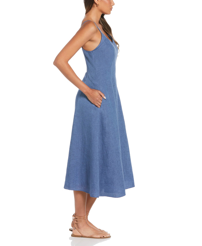 Cubavera Cross-Dyed Linen Thin Strap Midi Dress Delft
