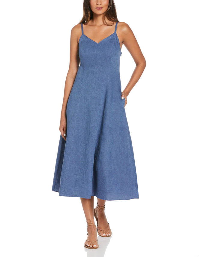 cubavera Cross-Dyed Linen Thin Strap Midi Dress Delft