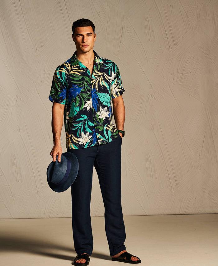 Cubavera All-Over Tropical Print Shirt Dress Blues