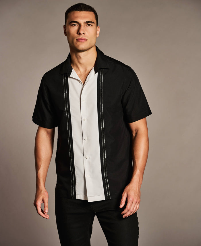 Cubavera Color Block Embroidery Shirt Jet Black