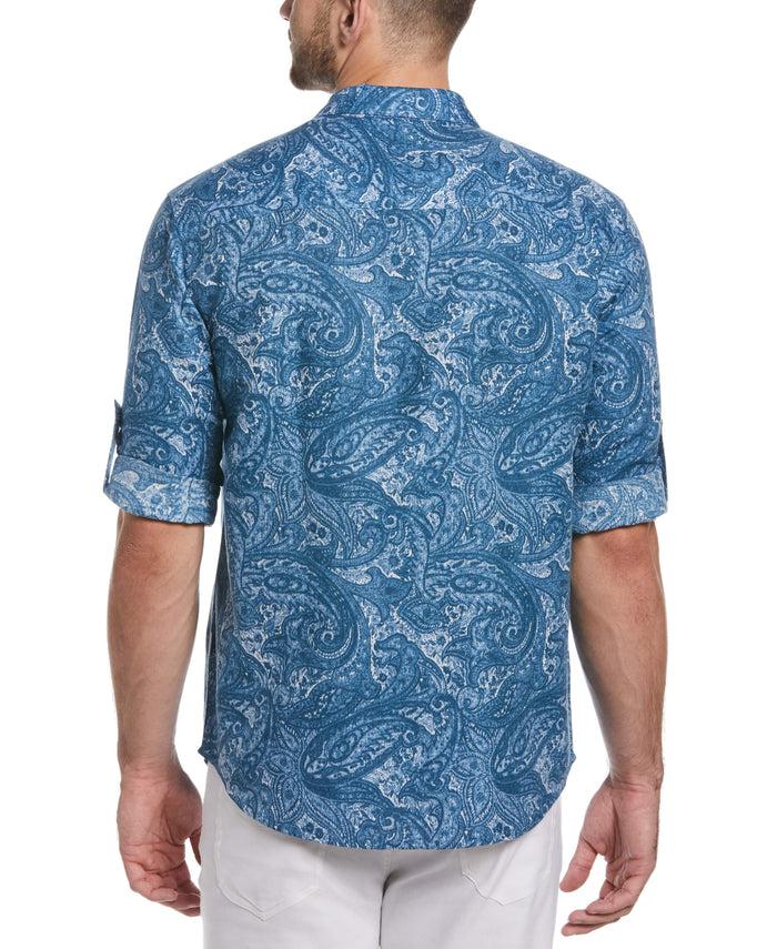 Cubavera Linen Blend Paisley Print Shirt Dark Blue