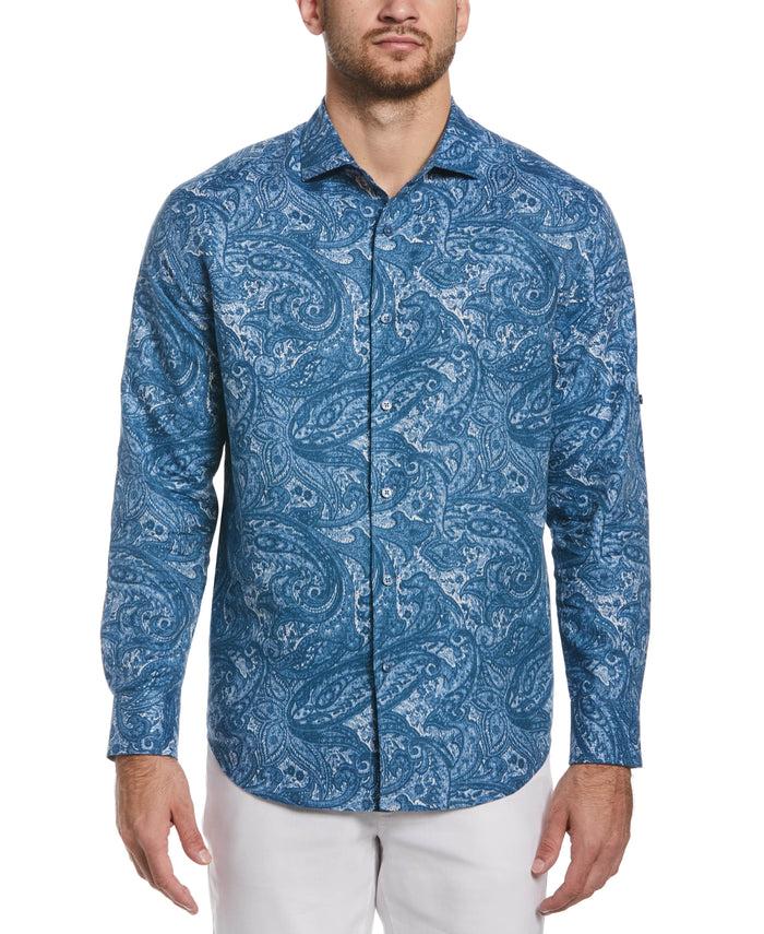 Cubavera Linen Blend Paisley Print Shirt Dark Blue