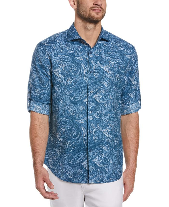 cubavera Linen Blend Paisley Print Shirt Dark Blue