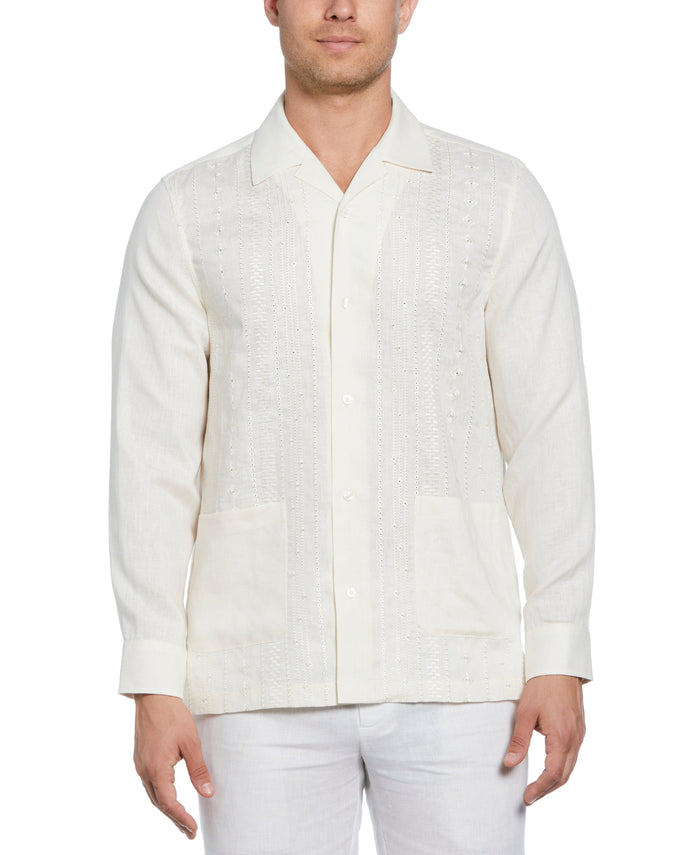 cubavera Linen Eyelet Panel Guayabera Shirt Egret
