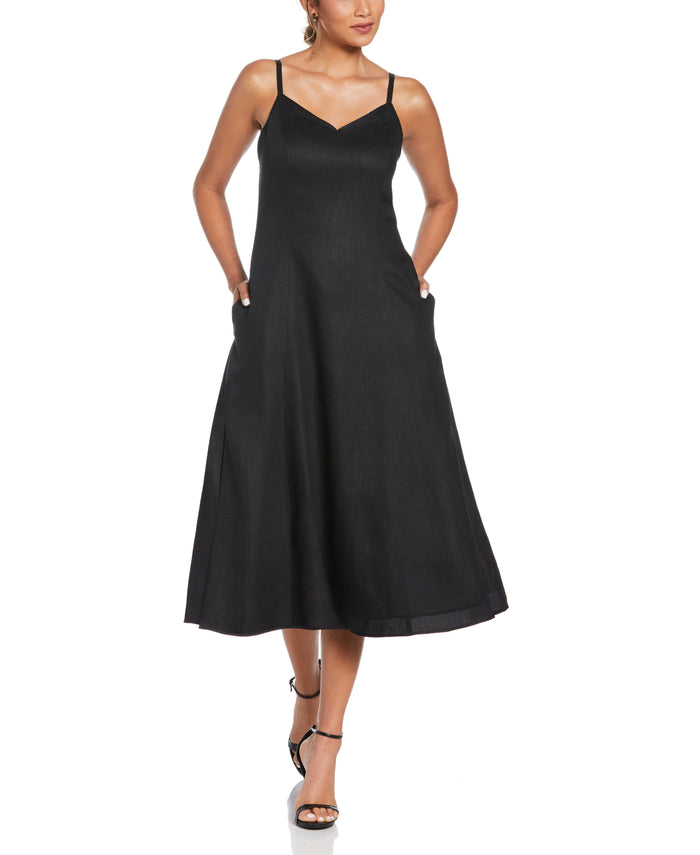 cubavera Linen Thin Strap Midi Dress Black