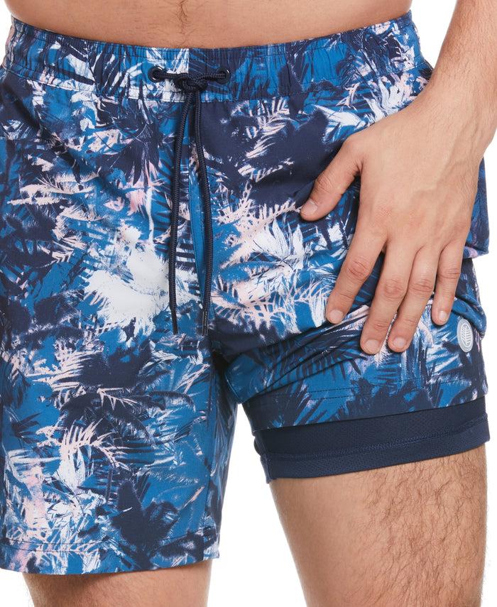 Cubavera Palm Print 7" Swim Short Dress Blues