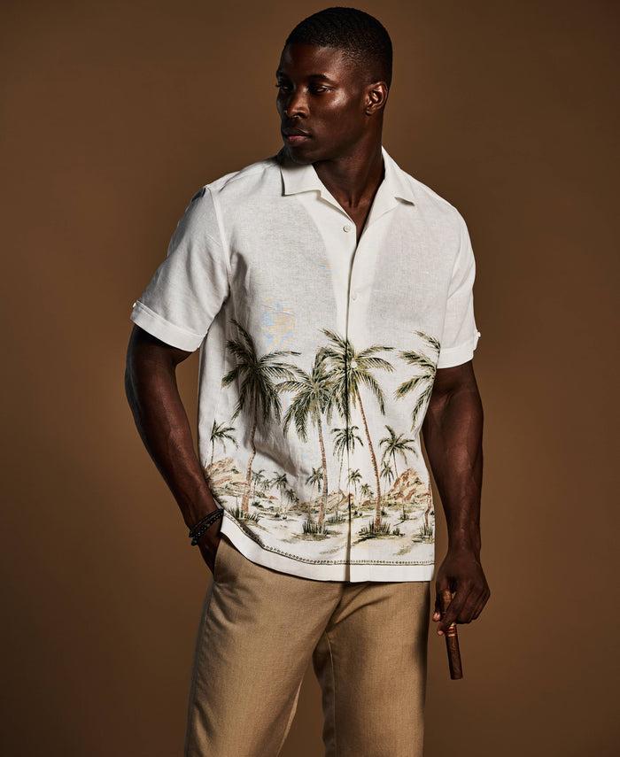 Cubavera Palm Print Border Shirt Brilliant White