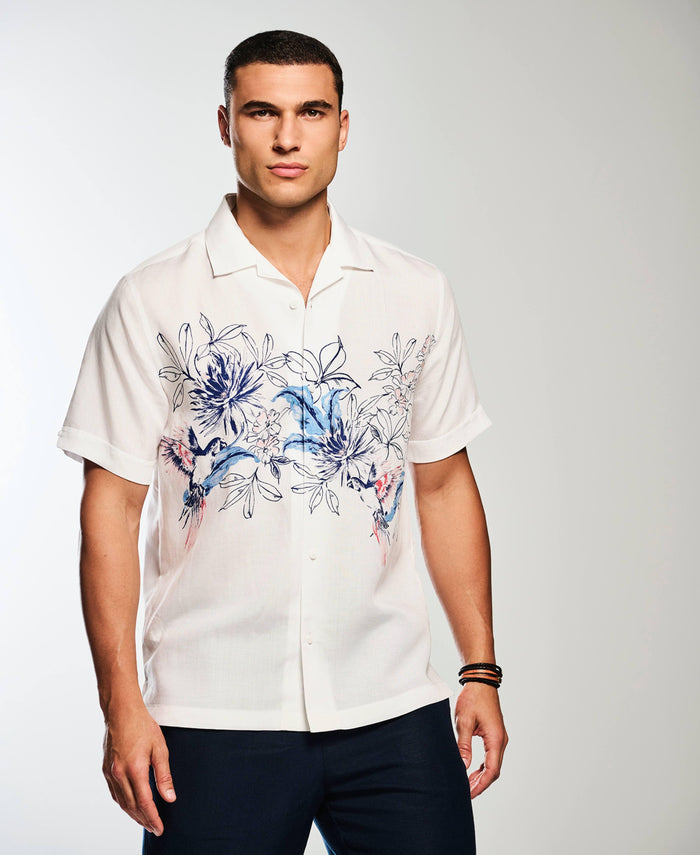 Cubavera Parrot Chest Print Shirt Brilliant White