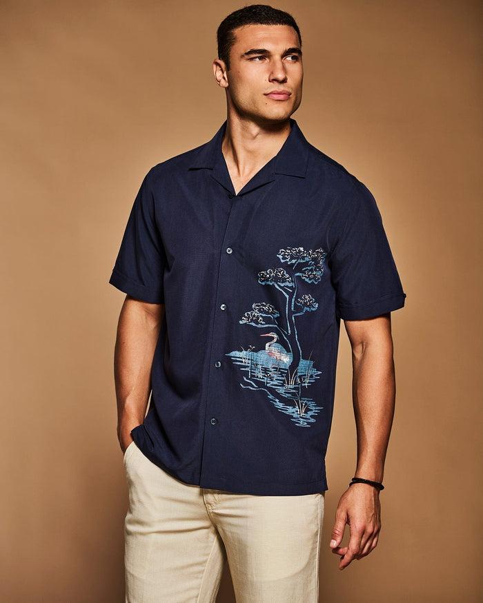 Cubavera Scenic Placement Print Shirt Navy Iris