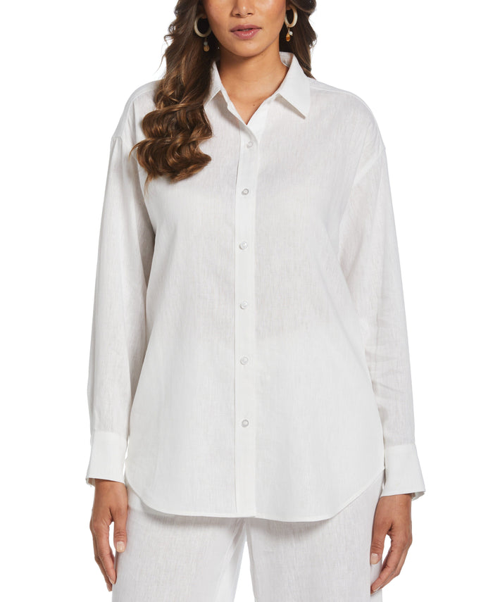 cubavera Solid Linen-Blend Blouse Brilliant White