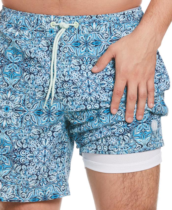 Cubavera Tile Print 7" Swim Trunks Pastel Green