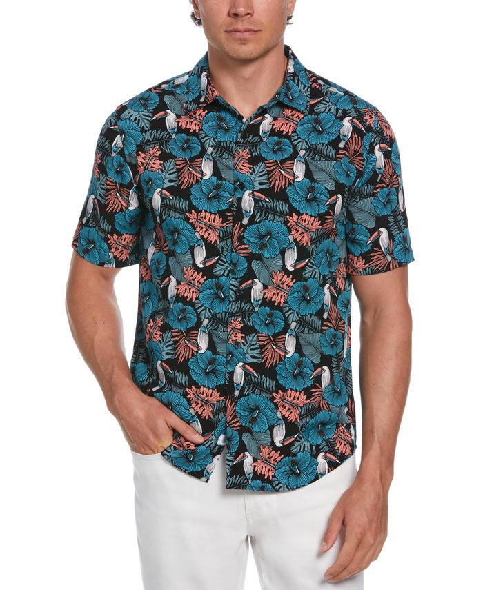 cubavera Toucan Hibiscus Print Shirt Jet Black