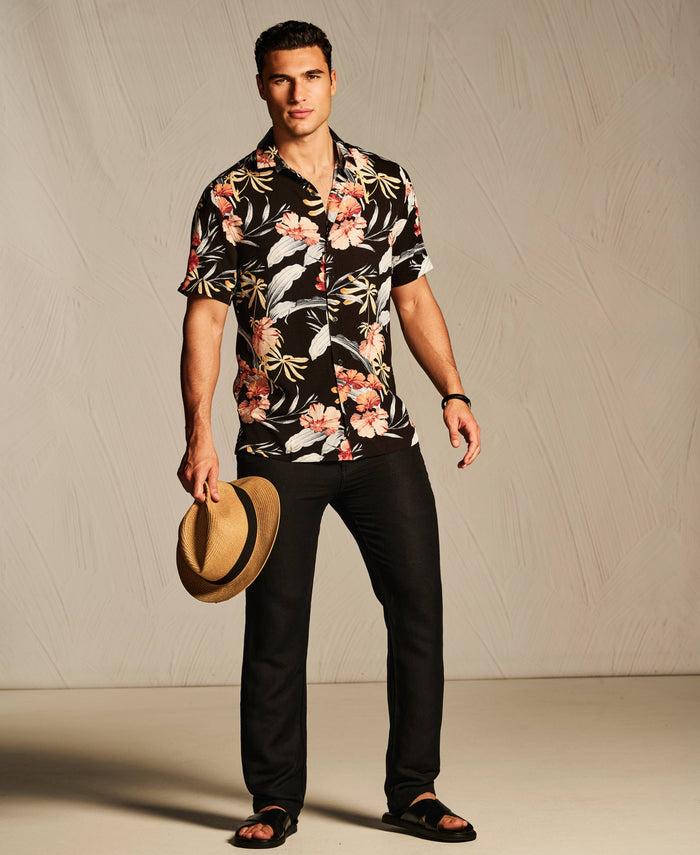 Cubavera Tropical Floral Print Shirt Jet Black