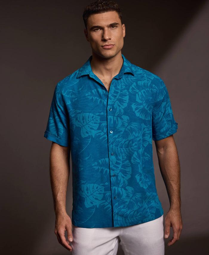 Cubavera Tropical Leaves Print Shirt Blue Sapphire