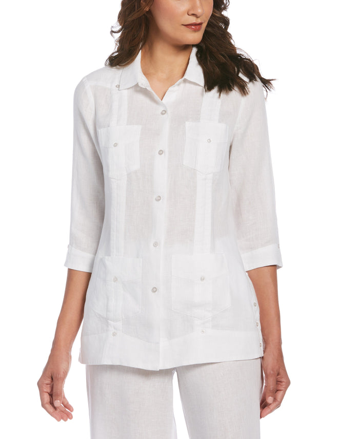 Cubavera Women's Solid Linen Guayabera Shirt White