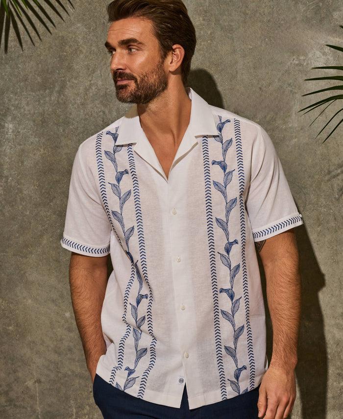 Cubavera Embroidery Leaf Panel Shirt Brilliant White