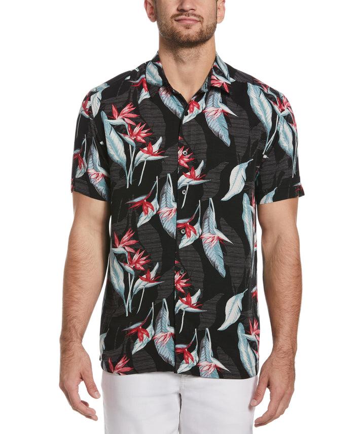 cubavera Floral Print Textured Tropical Shirt Jet Black