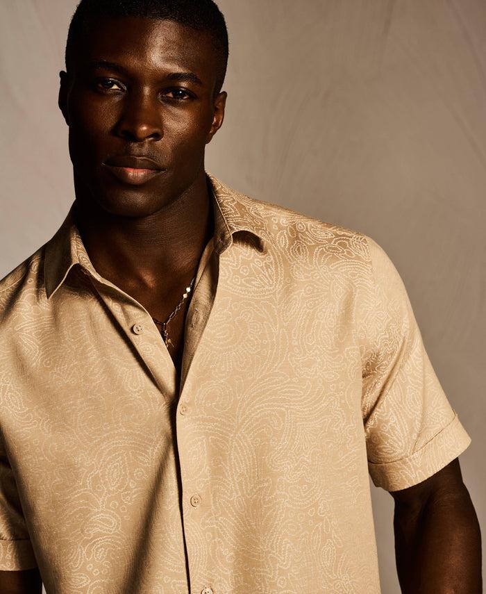 Cubavera Jacquard Abstract Floral Paisley Print Shirt Irish Cream