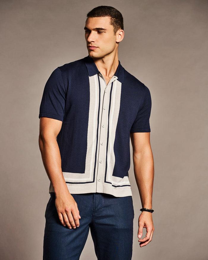 Cubavera L-Shape Color Block Knit Sweater Shirt Navy Iris