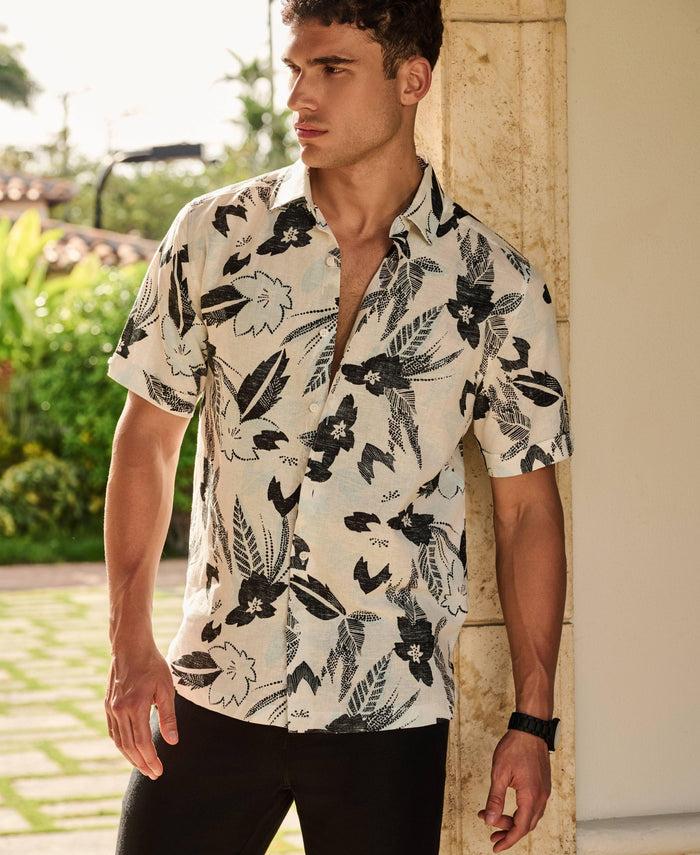 Cubavera Linen Blend Abstract Floral Print Shirt Brilliant White