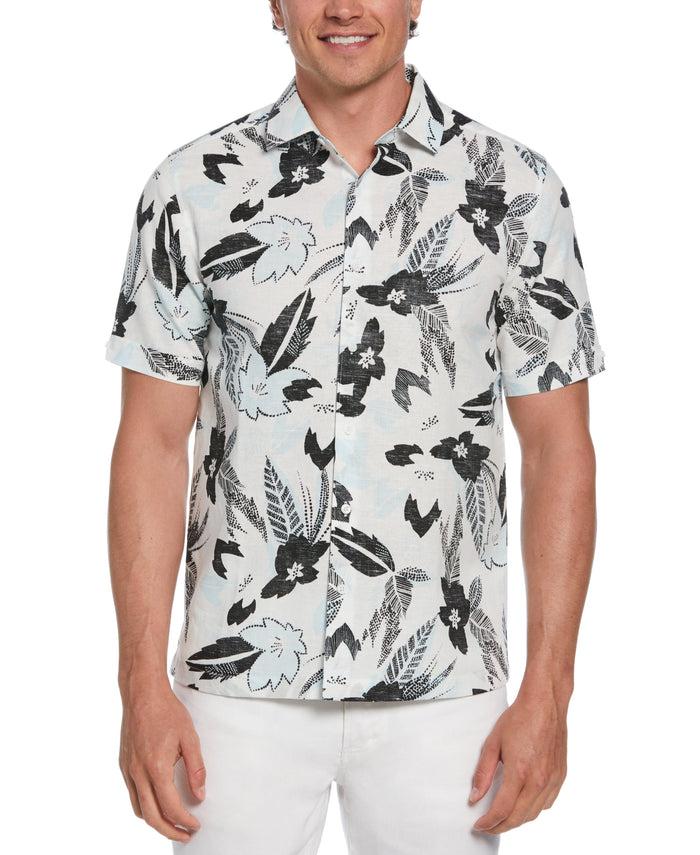 cubavera Linen Blend Abstract Floral Print Shirt Brilliant White