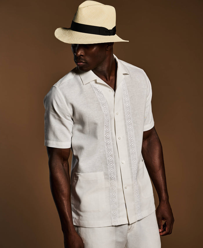 Cubavera Linen-Blend Applique Panel Guayabera Shirt Brilliant White