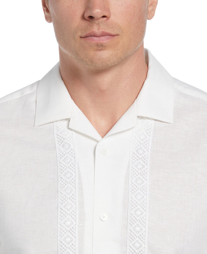 Cubavera Linen-Blend Applique Panel Guayabera Shirt Brilliant White