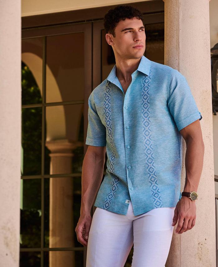 Cubavera Linen Blend Argyle Embroidered Chambray Shirt Barrier Reef