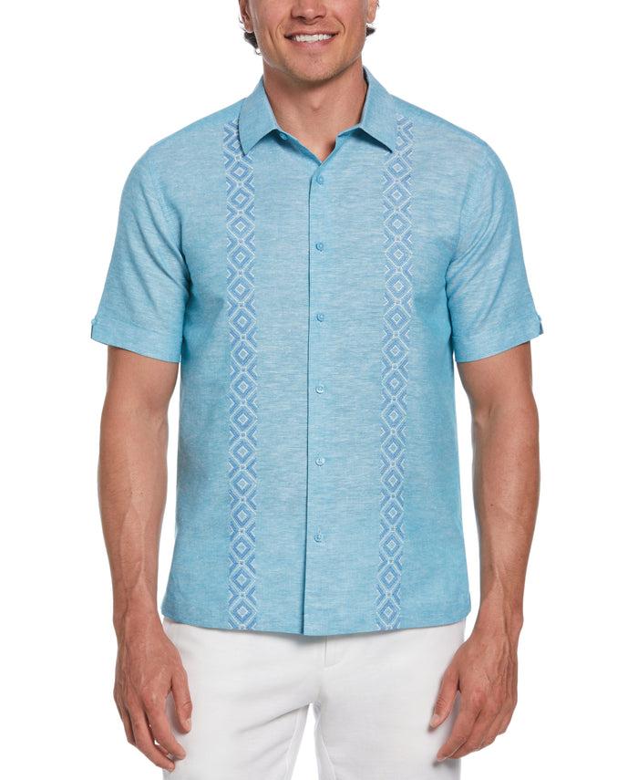 cubavera Linen Blend Argyle Embroidered Chambray Shirt Barrier Reef