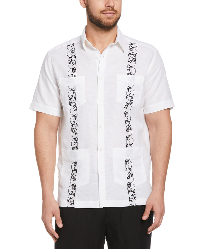 cubavera Linen Blend Contrast Embroidery Guayabera Shirt Brilliant Wh/Jet Blk