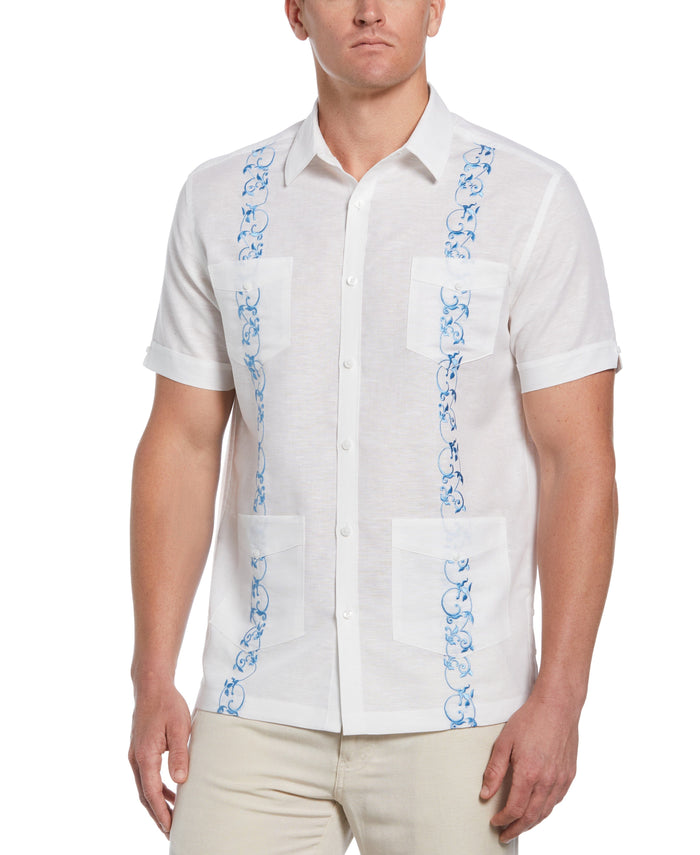 cubavera Linen Blend Contrast Embroidery Guayabera Shirt Brilli Whit/Azure Bl