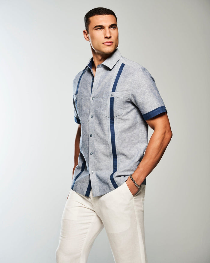 Cubavera Linen Blend Cross Dye Guayabera Shirt Ensign Blue