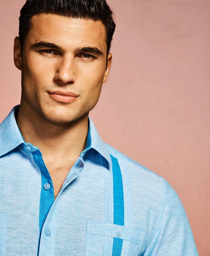 Cubavera Linen Blend Cross Dye Guayabera Shirt Malibu Blue