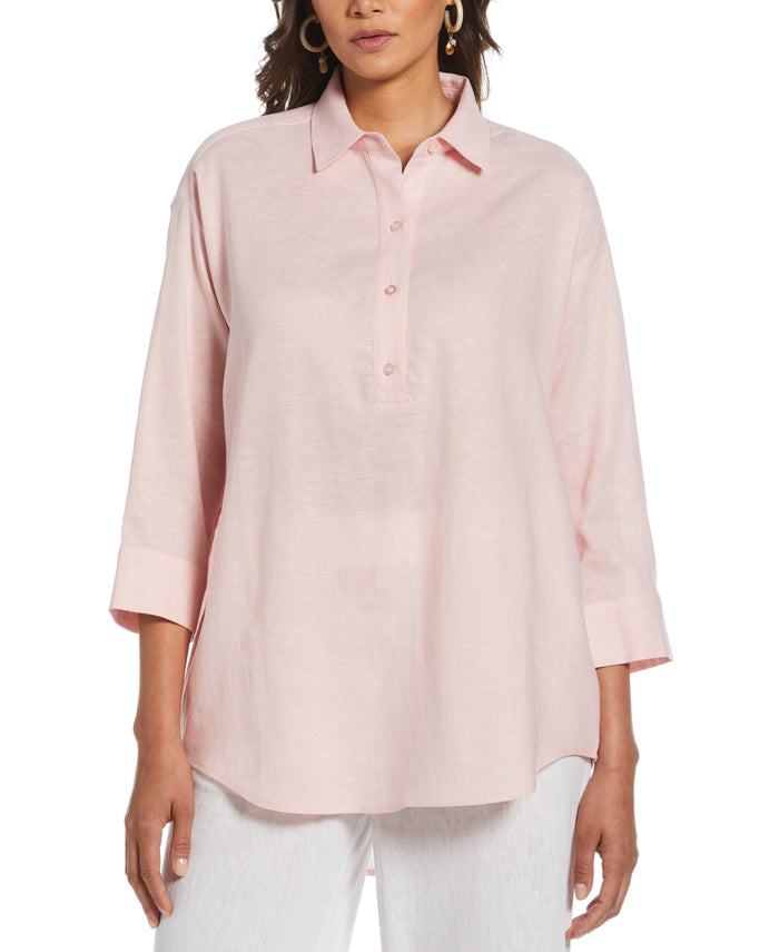 cubavera Linen Blend Cross-Dyed Popover Shirt Silver Pink