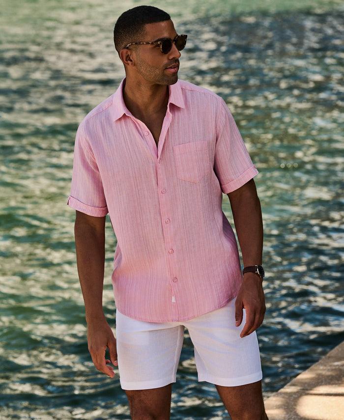Cubavera Linen Blend Dobby Stripe Print Shirt Pink Dolphin