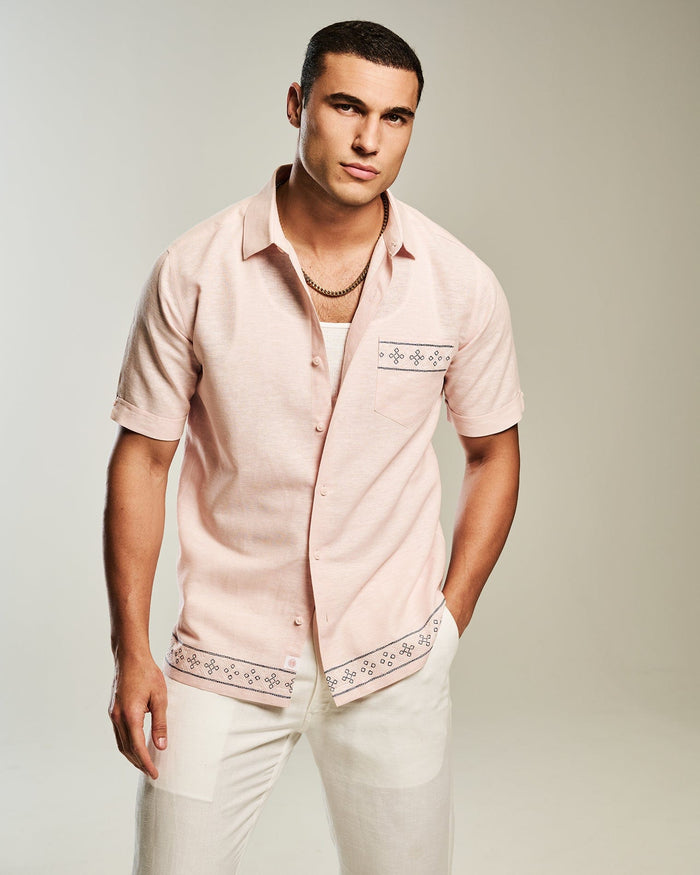 Cubavera Linen Blend Embroidered Border Shirt Coral Cloud