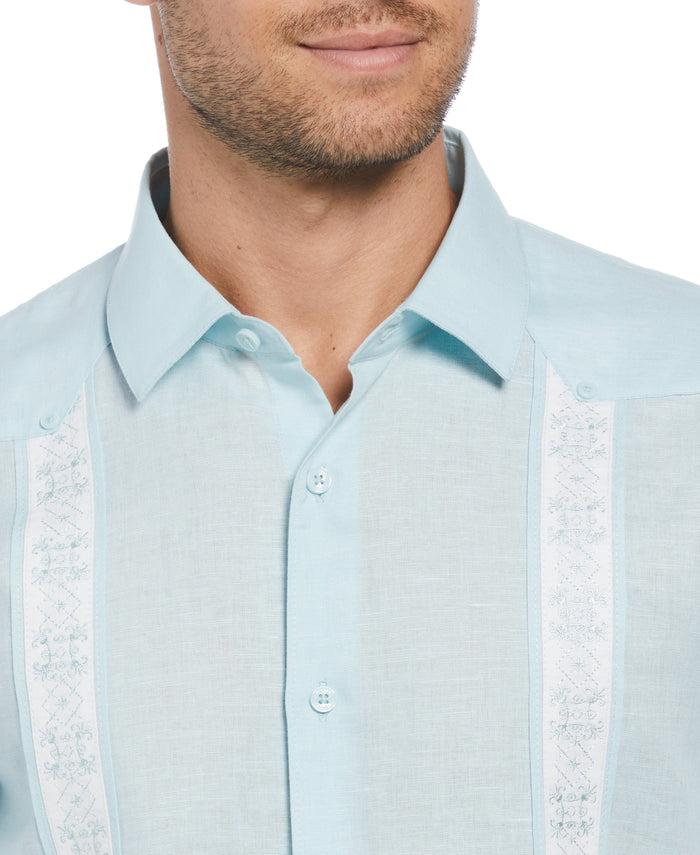 Cubavera Linen Blend Embroidered Panel Guayabera Shirt Blueglow