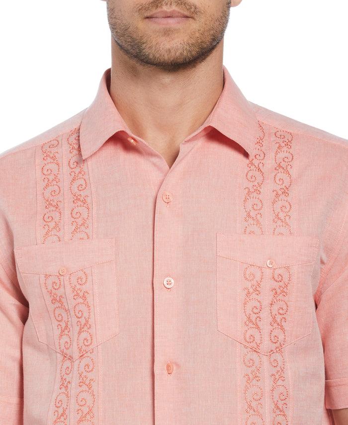 Cubavera Linen Blend Embroidered Panel Guayabera Shirt Coral