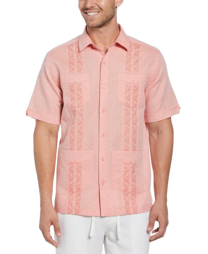 cubavera Linen Blend Embroidered Panel Guayabera Shirt Coral